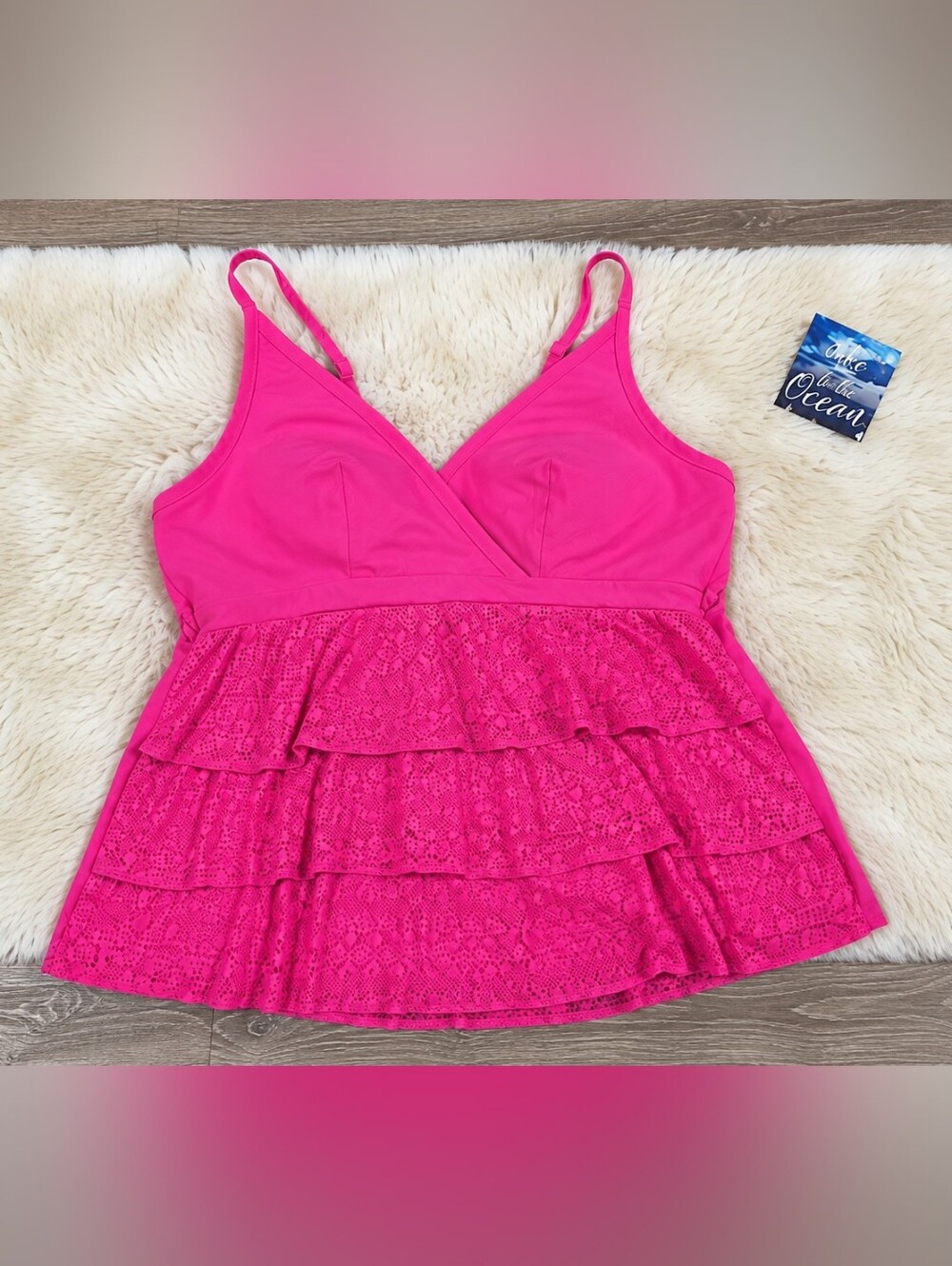 Cacique Pink Lace-Tiered Swim Tankini Top 26 Plus